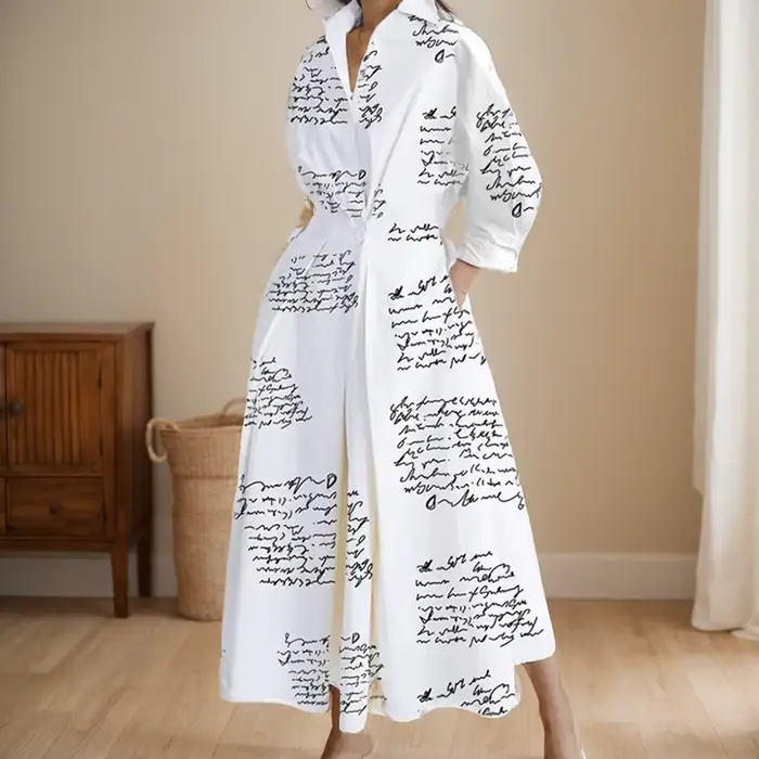 Robe longue taille haute à manches longues pour femmes, polyester, motif imprimé, coupe lâche, col rabattu, adapté aux événements formels, soirées et journées de travail