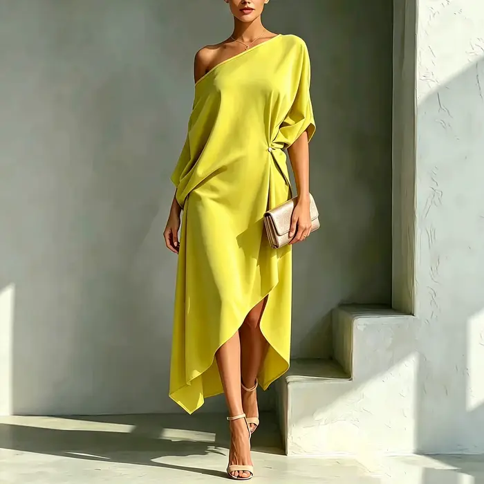 Robe midi asymétrique à une épaule avec nœud à la taille