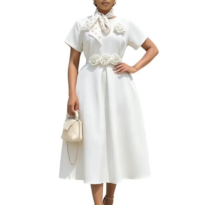 Nouvelles Robes Élégantes pour Femmes, Col Rond, Manches Courtes, Fleurs 3D, Peplum, Colorblock, Cou
