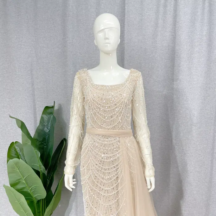 Robe Sirène Élégante à Manches avec Traîne Amovible pour Femmes Musulmanes, Paillettes, Perles, Soirée Officielle, Occasions Spéciales