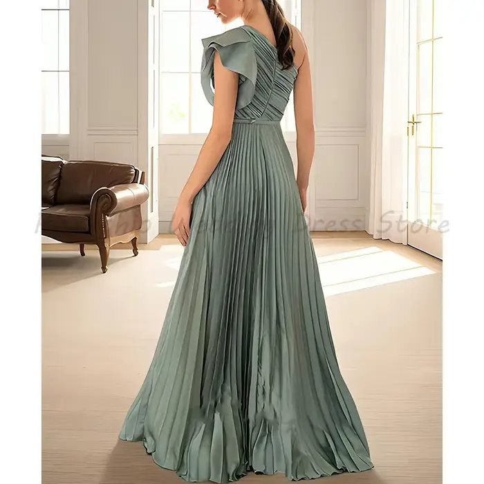 Robe de soirée élégante vert sauge coupe trapèze asymétrique à une épaule avec nœud plissée en mousseline de soie pour demoiselle d'honneur ou soirée occasions spéciales