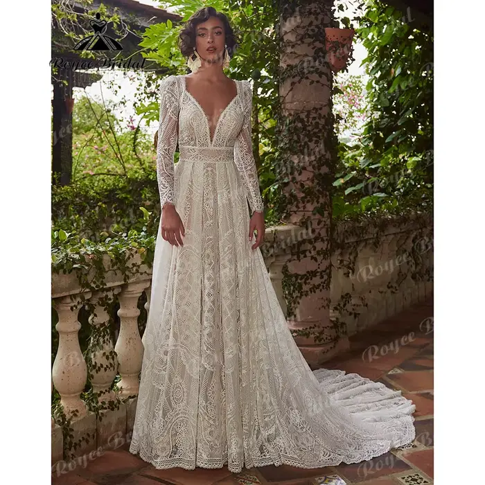 Robe de mariée en dentelle bohème à manches longues pour femmes, patients civils sexy, plage, BEmbed