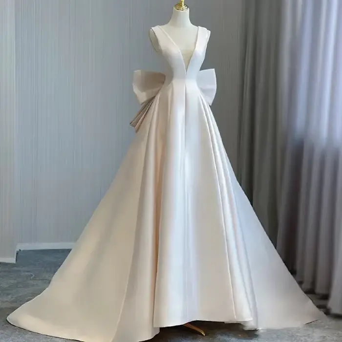 Bomaris – Robe De mariée blanche cassé, avec grand nœud, Sexy, col en v, train Court, robes De marié
