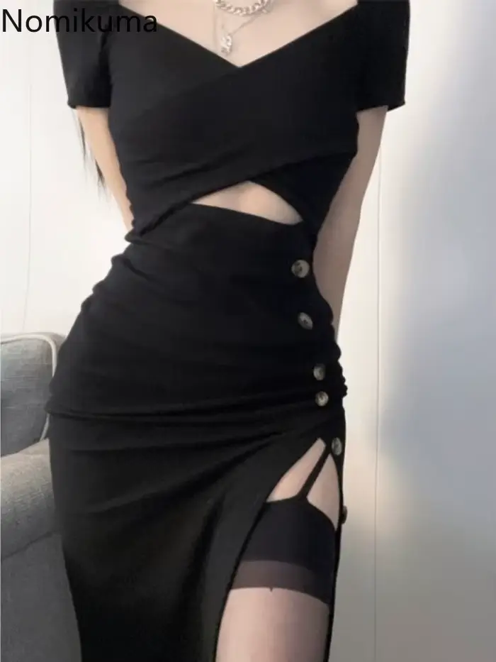Robe noire sexy pour femmes, manches courtes, ajourée, mode coréenne, tunique fendue, robe d'été, style club, occasions spéciales