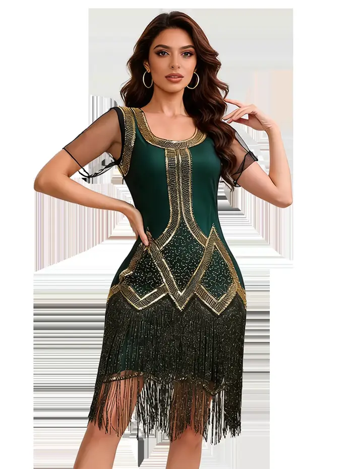 Robe en polyester années 1920 style American Retro avec détails pompons et motifs géométriques pour femmes occasions spéciales
