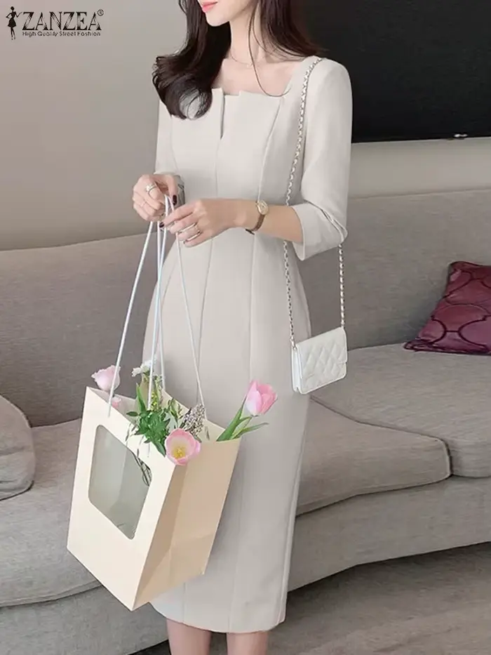 Robe ZANZEA élégante en polyester col carré trois quarts pour femmes occasions spéciales soirée famille mariage