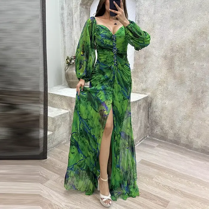 Robes de soirée de mariage longues pour femmes dames rassemblant plissé à manches longues robe forme