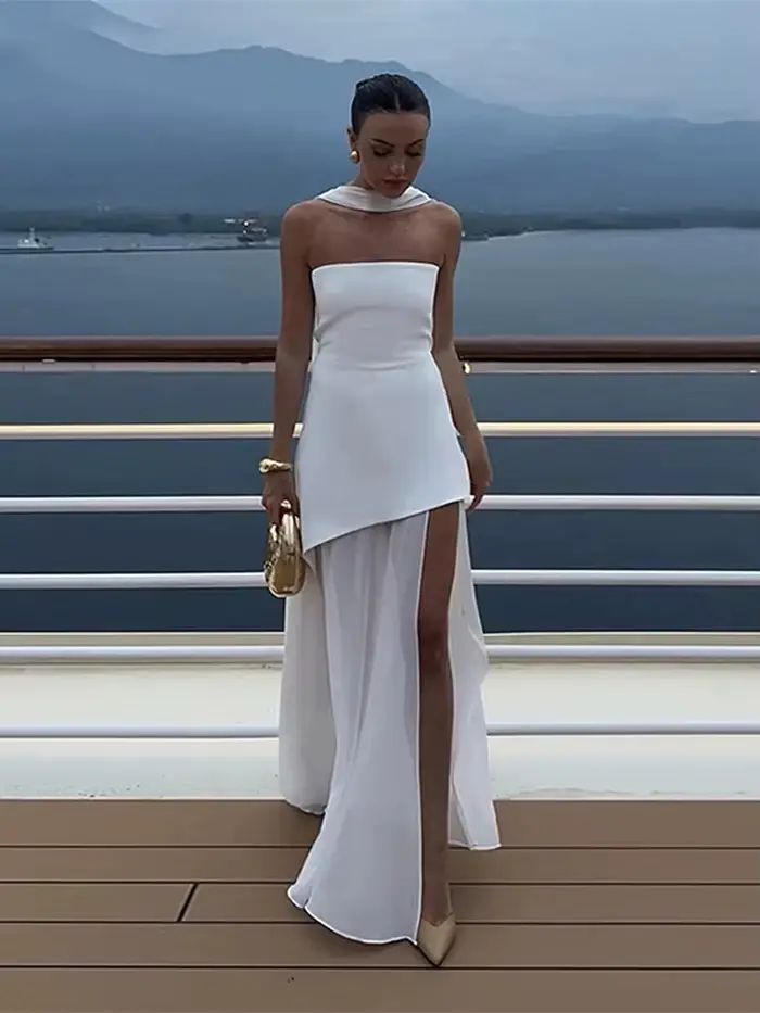 Élégant robe longue sans bretelles femmes Sexy Patchwork maille sans manches Sacrf robes femme 2025 printemps