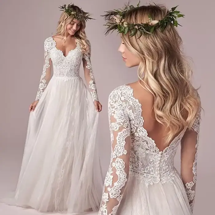 Robe de mariée personnalisée en mousseline de soie avec appliques en dentelle bohème, coupe trapèze, dos nu, longueur ras du sol, pour femmes occasions spéciales