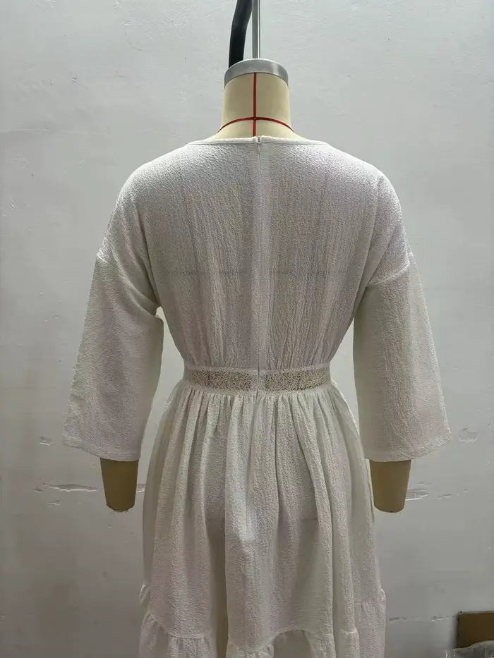 Vintage Boho Vintage robe de plage creuse femme printemps solide Sexy col en V ample fête longue robe à manches longues plissée robe de vacances