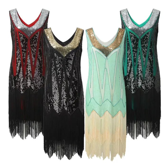 Robe évasée vintage à paillettes et franges pour femmes