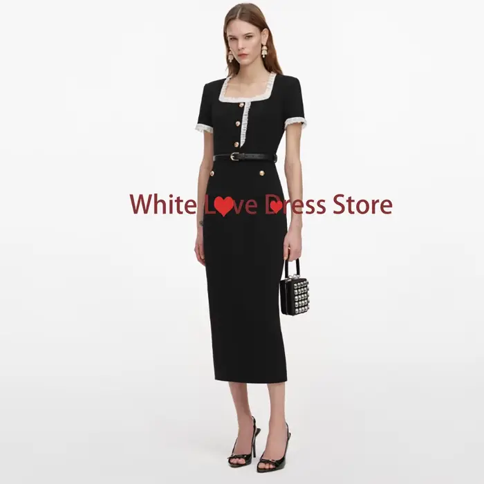 Robe de soirée noire pour occasions formelles, col carré, manches courtes, avec robes de bal ajustables, robe mi-longue personnalisée
