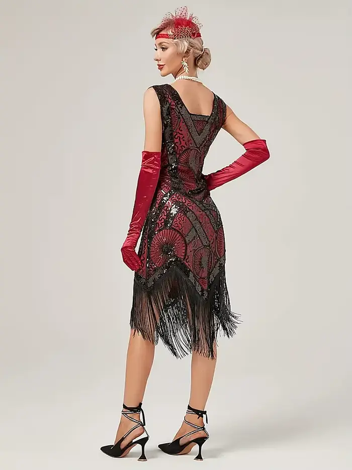 Robe de soirée Charleston style Gatsby pour femmes robe cocktail sequins franges vintage col carré sans manches mi-mollets occasions spéciales