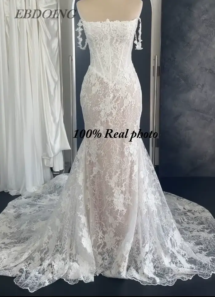 EBDOING robe de mariée sirène dentelle col bateau décolleté classique Basque avec perles