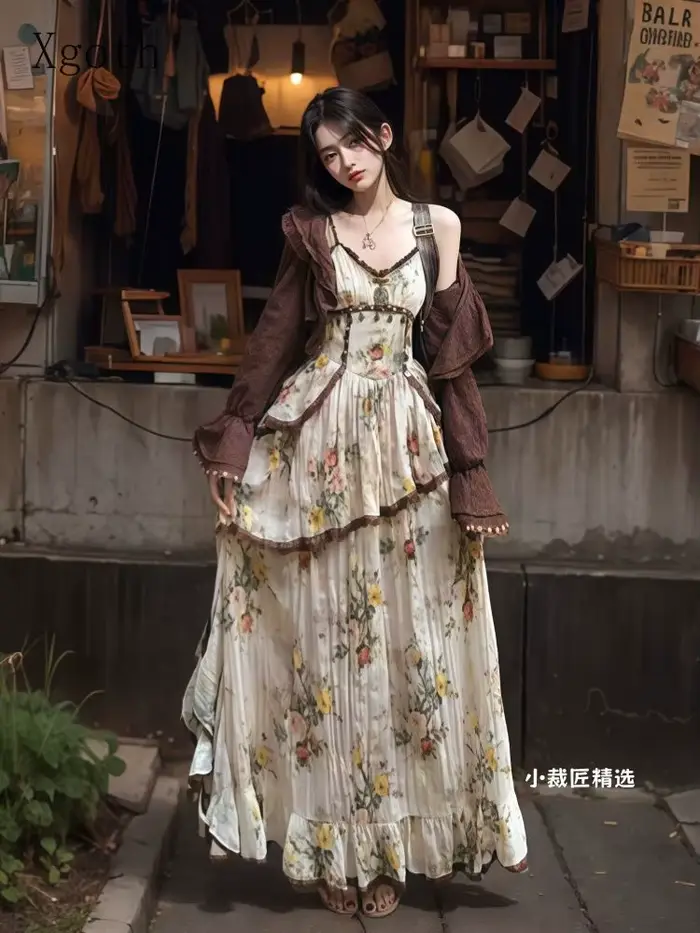 Xgoth Vintage Style bohème robe florale taille minceur Camisole longue