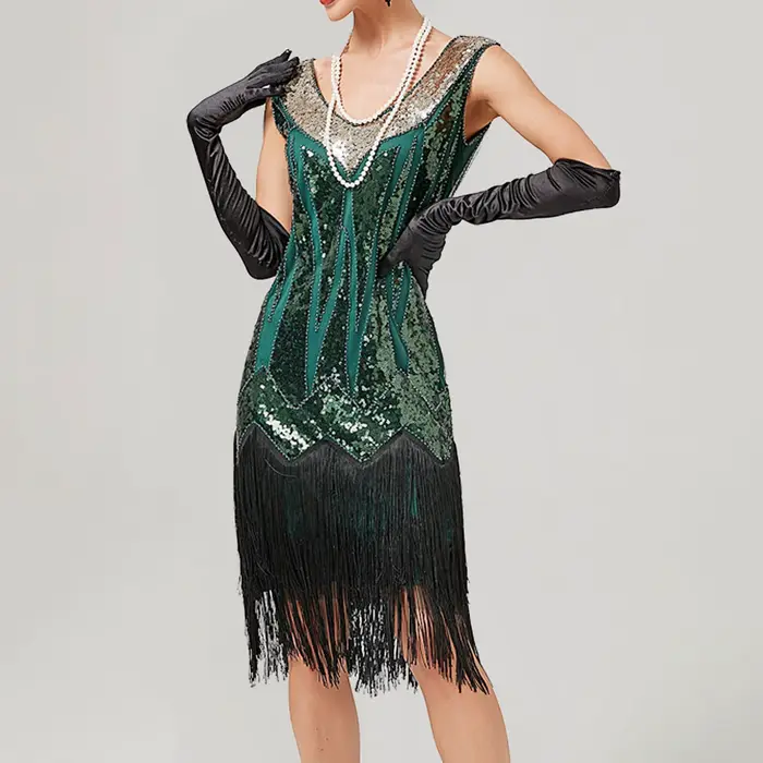 Robe évasée vintage à paillettes et franges pour femmes