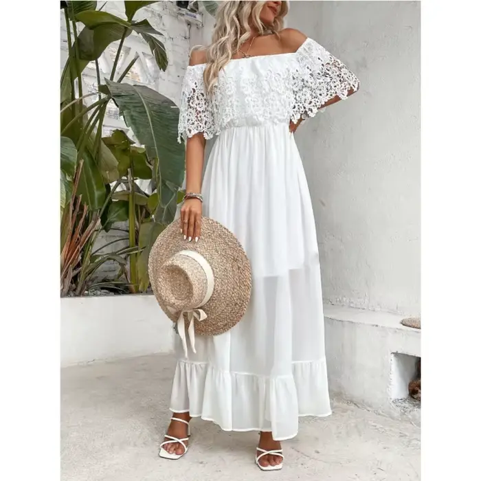 Robe blanche longue en dentelle pour femmes