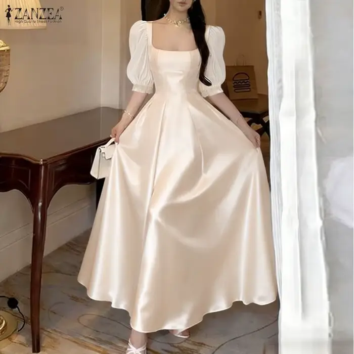 ZANZEA Robe d'été élégante pour femme à col carré et manches courtes bouffantes 2026