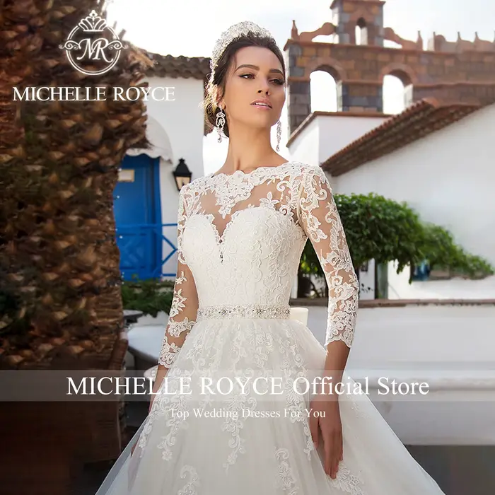 Robe de mariée Michelle Royce en coton, polyester, soie et mousseline avec train de chapelle et décolleté cuillère pour femmes enceintes et occasions spéciales