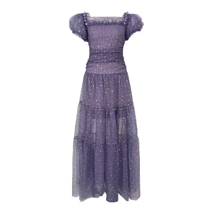 Robe de soirée en maille violette pour femme, vêtements de Rhfrançais, robe transparente brillante, 