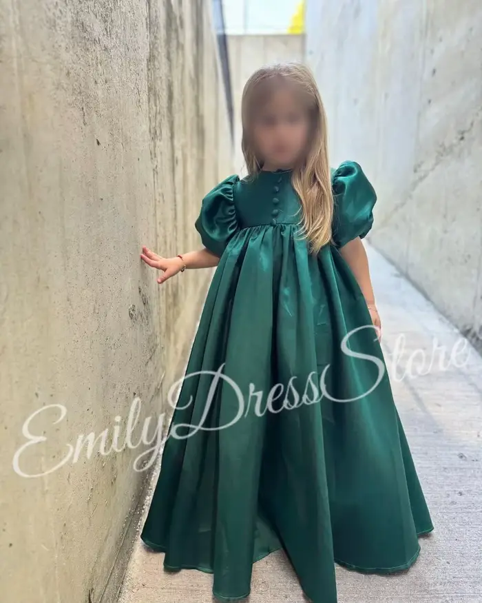 Robe à fleurs vertes personnalisée pour filles, pour mariage, manches courtes, bouffante, en Satin,