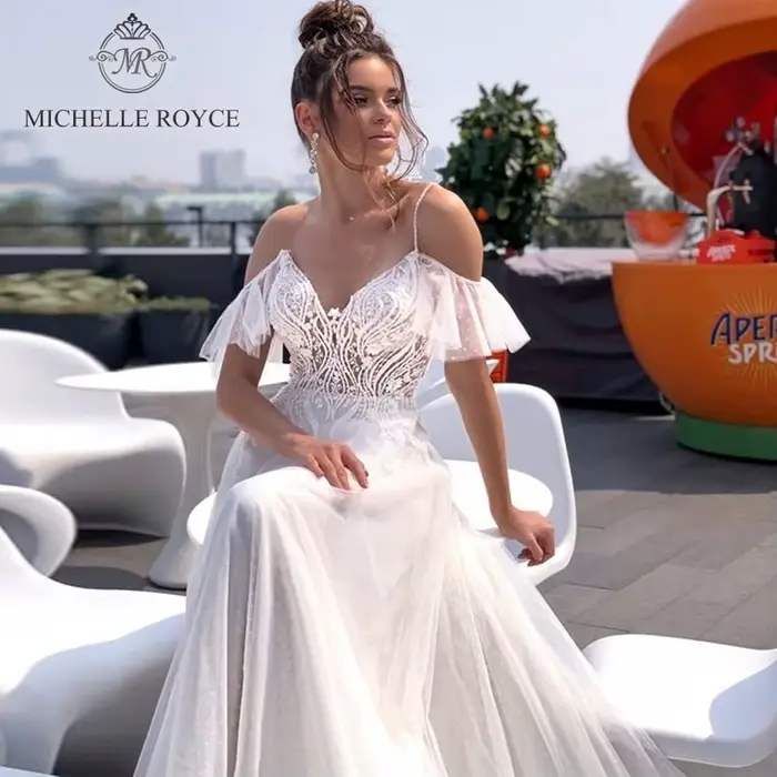 Michelle Royce a-ling robes De mariée Sexy chérie perles volants dos nu chapelle Train