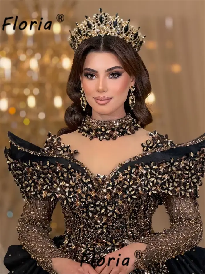 Robe de Soirée Noire et Dorée avec Jupon et Couronne en Strass Sirène pour Mariage et Soirées Spéciales