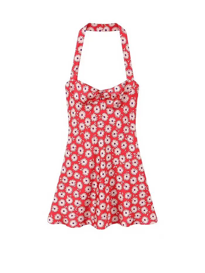 Robe d'été femme en polyester rouge à motifs marguerite col cœur sans manches mini trapèze pour occasions spéciales