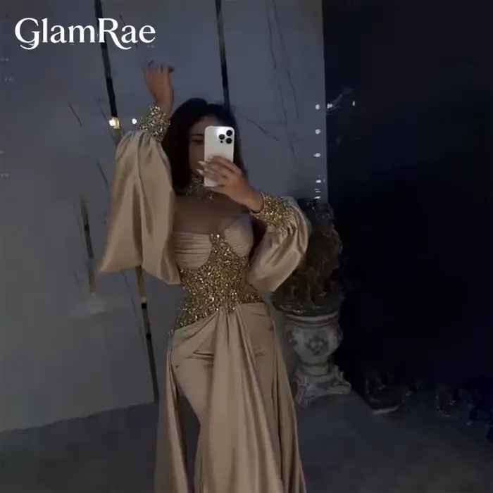 Robe de soirée GlamRae, sexy, avec applications en dentelle, châle, crêpe, paillettes, sirène, illus