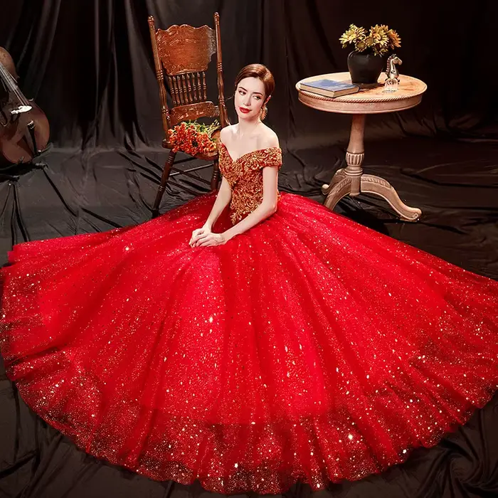 Robe de bal rouge mariée mariage Toast Solo scène Performance