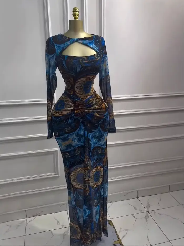 Automne 2025 femmes imprimé évider col en V manches longues moulante robe Maxi vacances Club fête nuit Sexy froncé