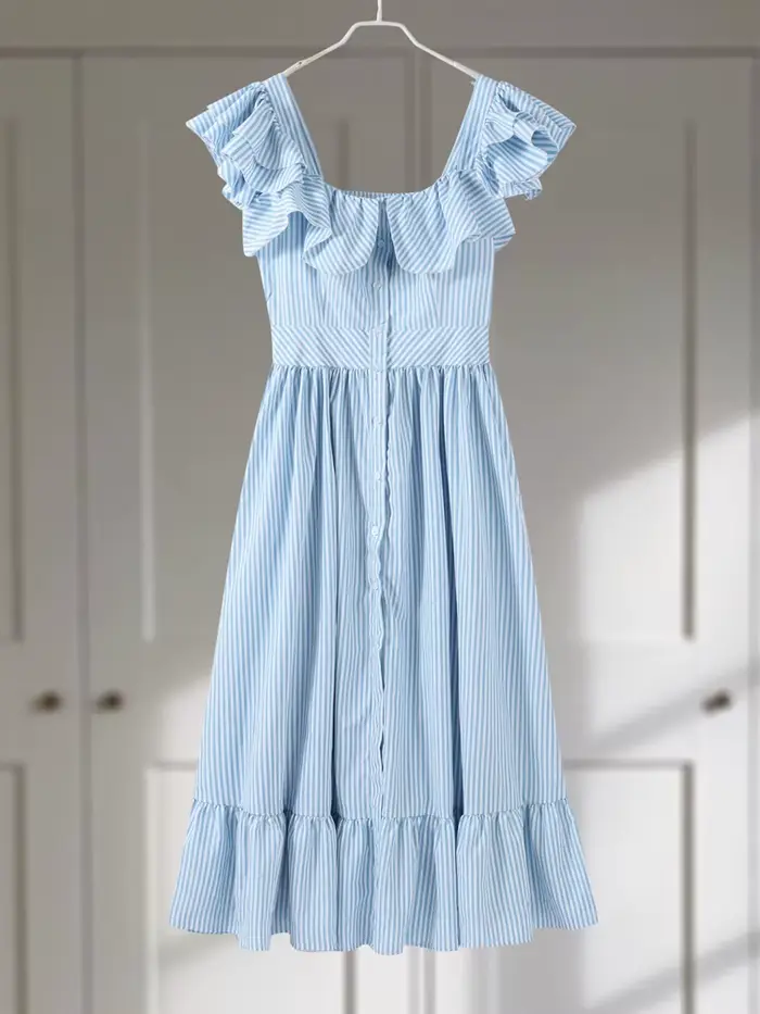 Robe longue à volants et rayures pour femmes, manches volantes, élégante, col carré, taille cintrée,