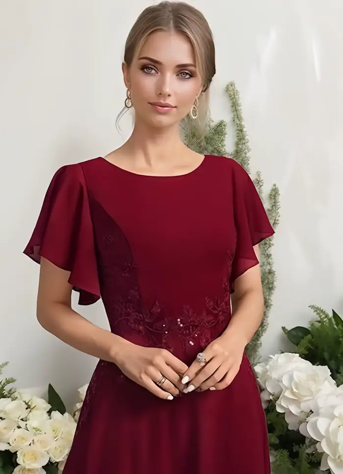 Robe de mère de la mariée en mousseline de soie élégante à col rond pour cérémonies formelles et événements spéciaux