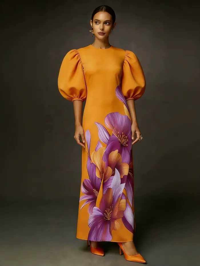 Nouveaux vêtements d'été pour femmes : robe longue imprimée élégante orange avec manches bouffantes 