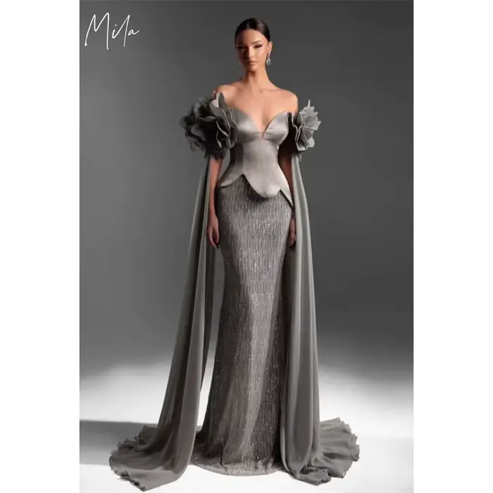 Mila – robe de soirée grise personnalisée, épaules dénudées, robe de bal de forme sirène Chic, paill