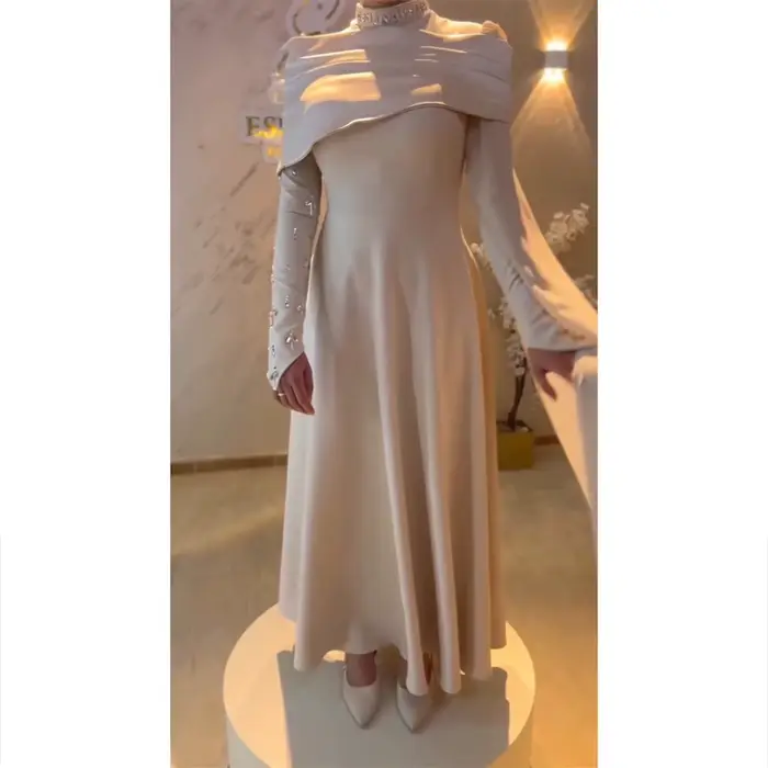 Robe de soirée musulmane élégante, col haut, manches longues, longueur cheville, robe de bal, mode plissée en cristal, ligne A, personnalisée