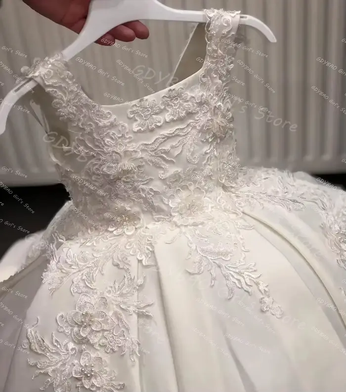 Robe de fille de fleur blanche pour mariage dentelle perlée Satin enfants vêtements