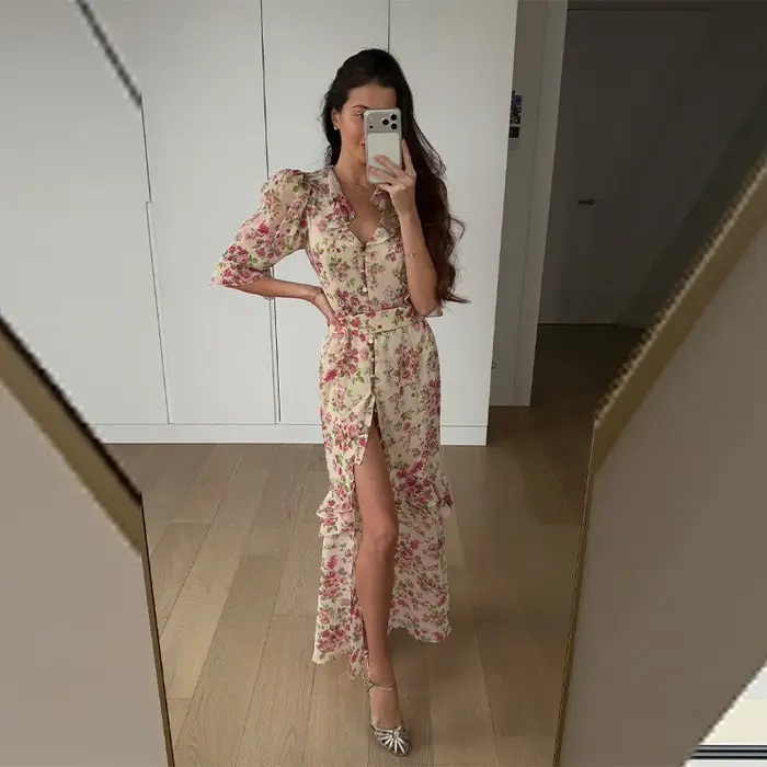 Robe élégante imprimée en dentelle patchwork pour femme