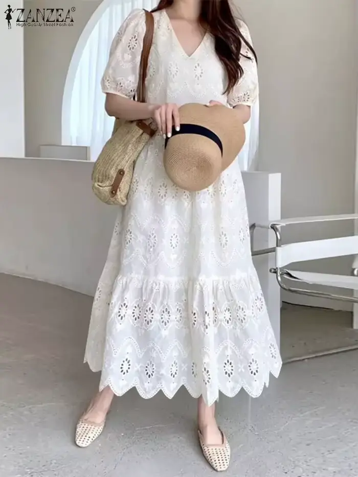 Robe ZANZEA en coton ample décontractée col en V manches bouffantes pour femmes occasions spéciales été