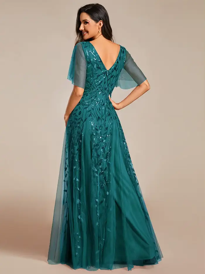 Robe de soirée élégante en gaze turquoise et paillettes avec décolleté en V et manches à volants pour femmes occasions spéciales