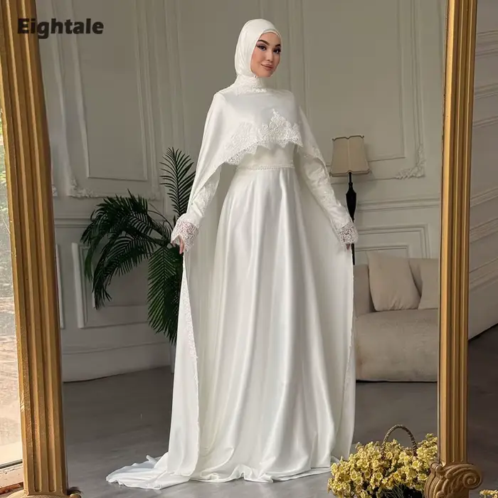 Robe de mariée arabe Eightale, col rond, personnalisée, ivoire, longueur au sol, manches longues, ro