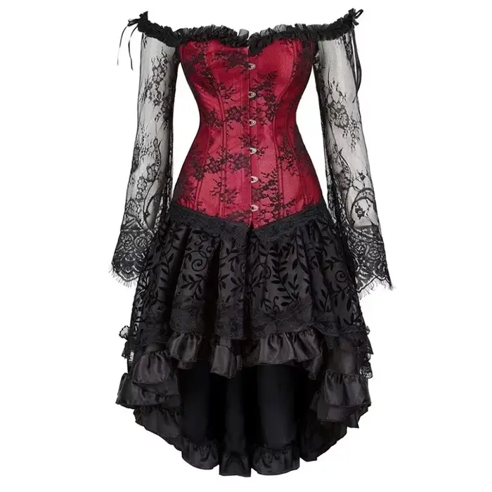 Robe Corset Gothique Florale à Manches Longues et Épaules Dénudées