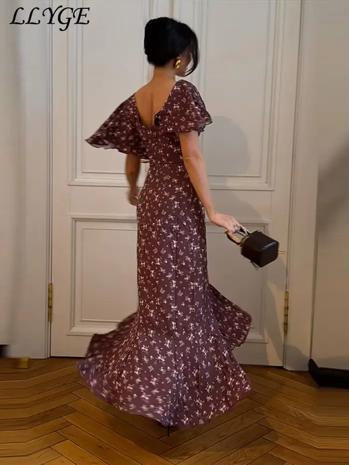 Robe longue élégante imprimée à volants pour femme
