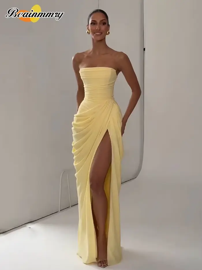 Nouvelle Robe Longue Jaune Élégante Sans Bretelles pour Femme