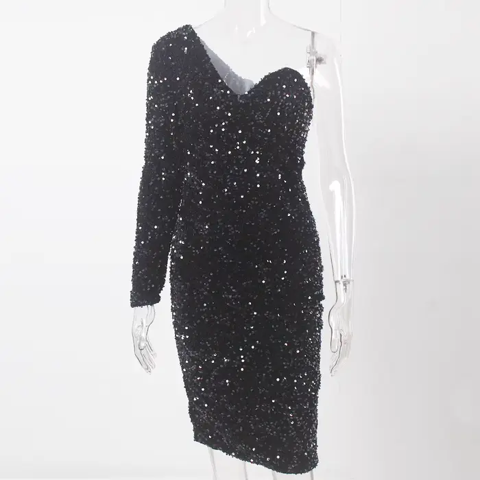 Romagic-Robe de Soirée à Paillettes pour Femme, Élégante, Brillante, Noire, à Manches sulf, Midi, po