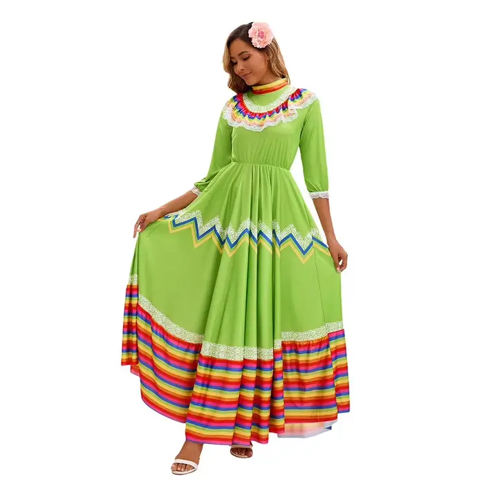 Robe longue ethnique espagnole et mexicaine rétro médiévale pour femmes, tenue de fête, de spectacle ou de jeu de rôle à thème