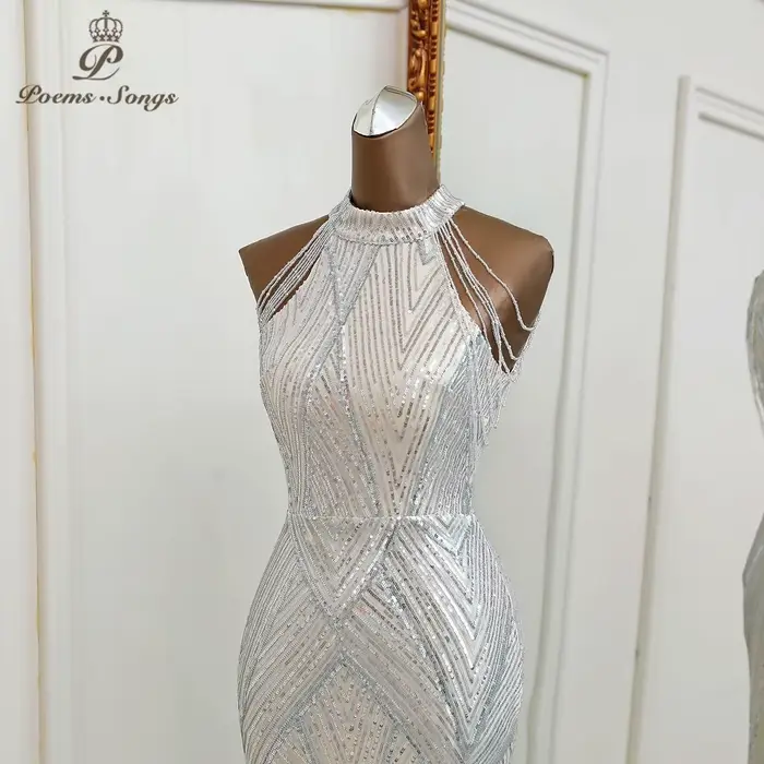 Robe de soirée sirène argentée personnalisée sans manches pour femmes, élégante et sophistiquée pour les soirées officielles et les occasions spéciales
