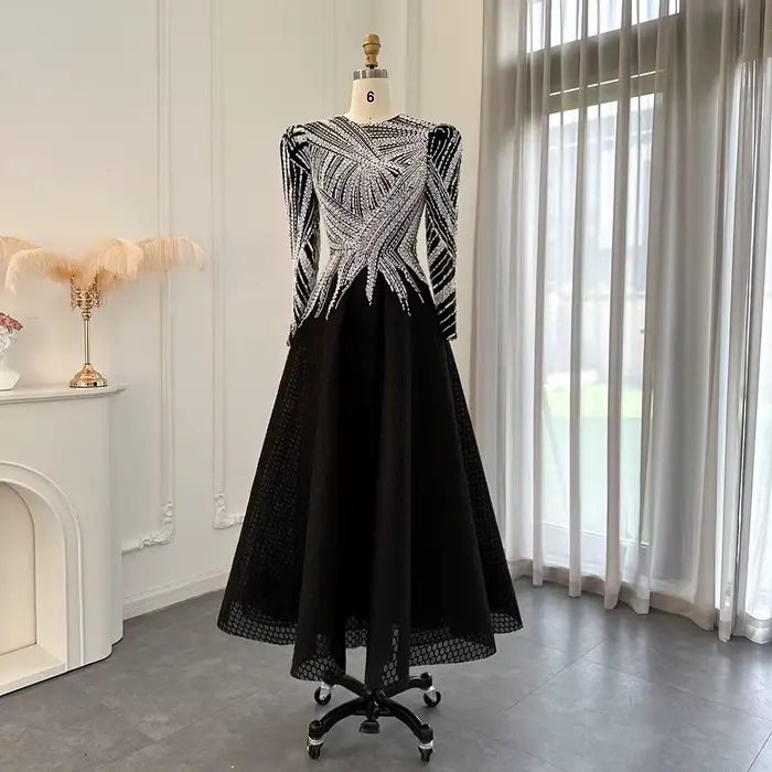 Robe de soirée musulmane noire de luxe Sharon Said, à manches longues, coupe trapèze, pour femmes ar