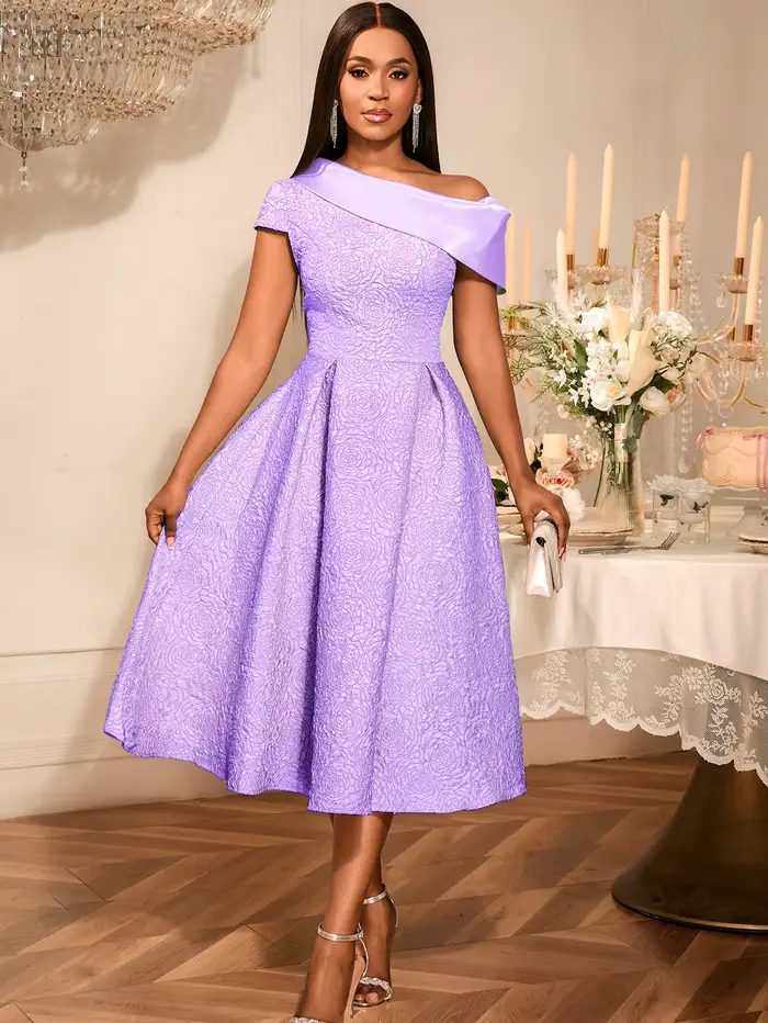 Robe élégante en Jacquard pour femmes, asymétrique épaule dénudée, col diagonale, manches courtes, l
