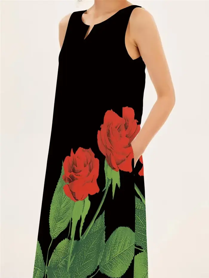 Robe imprimée rose rouge décontractée pour femmes, été, sans manches, col en V, avec poches, idéale pour la plage et les soirées, disponible en plusieurs tailles et couleurs